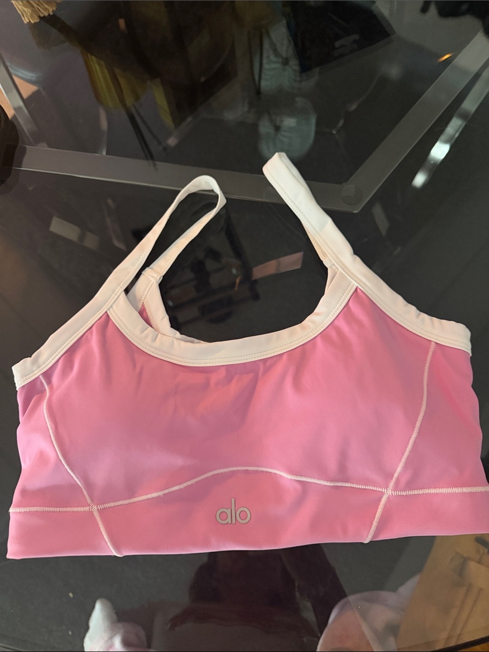ALO Yoga Pink sports bra with White Trim